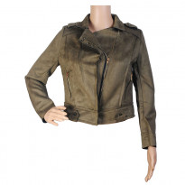 Emwest Dark Olive Faux Leather Jacket for Women 103010014001056