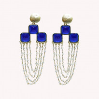 Golden Colored Metal Jhumka with Blue Stones and White Beads (CE020)