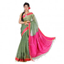 Grameen Check Cotton Saree (Agni 0011) - Green Color 