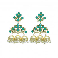 Golden Colored Metal Jhumka with Green Stones (CE006)