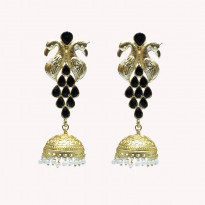 Golden Colored Metal Jhumka with Black Stones (CE008)