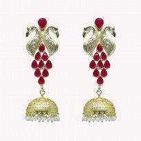 Golden Colored Metal jhumka with Red and Magenta Combination (CE024)