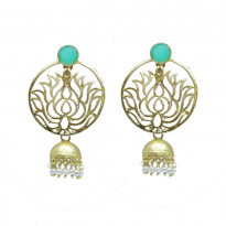Golden Colored Jhumka with Green Stone and White Beads (CE031)