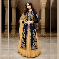 Zeros Bangladesh Blue Brown Embroidered Georgette Designer Dress (1506) - Semi Ready